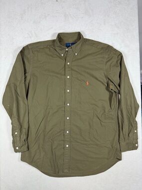 Polo Ralph Lauren Size Large OCBD Olive Button-Down Shirt with Orange Pony